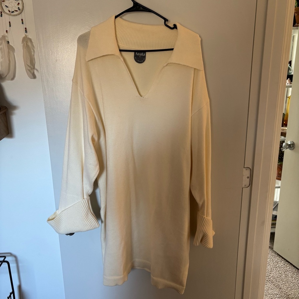 Arula Cream Knit Sweater Dress with V-Neck